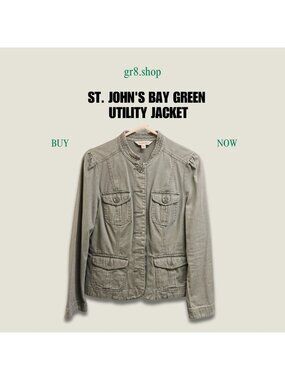 St. Johns Bay Green Utility Jacket Medium Cotton Blend Womens Outerwear